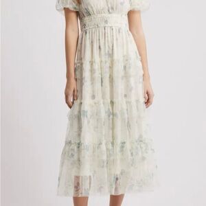 Moon River Smocked Tiered Midi Dress in White and Green